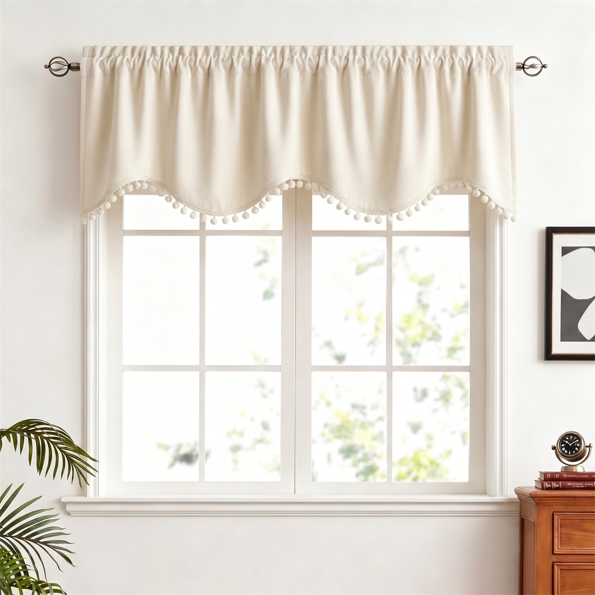 Blackout Curtain Thick - Beige fluwelen valance gordijn met pomponbies,